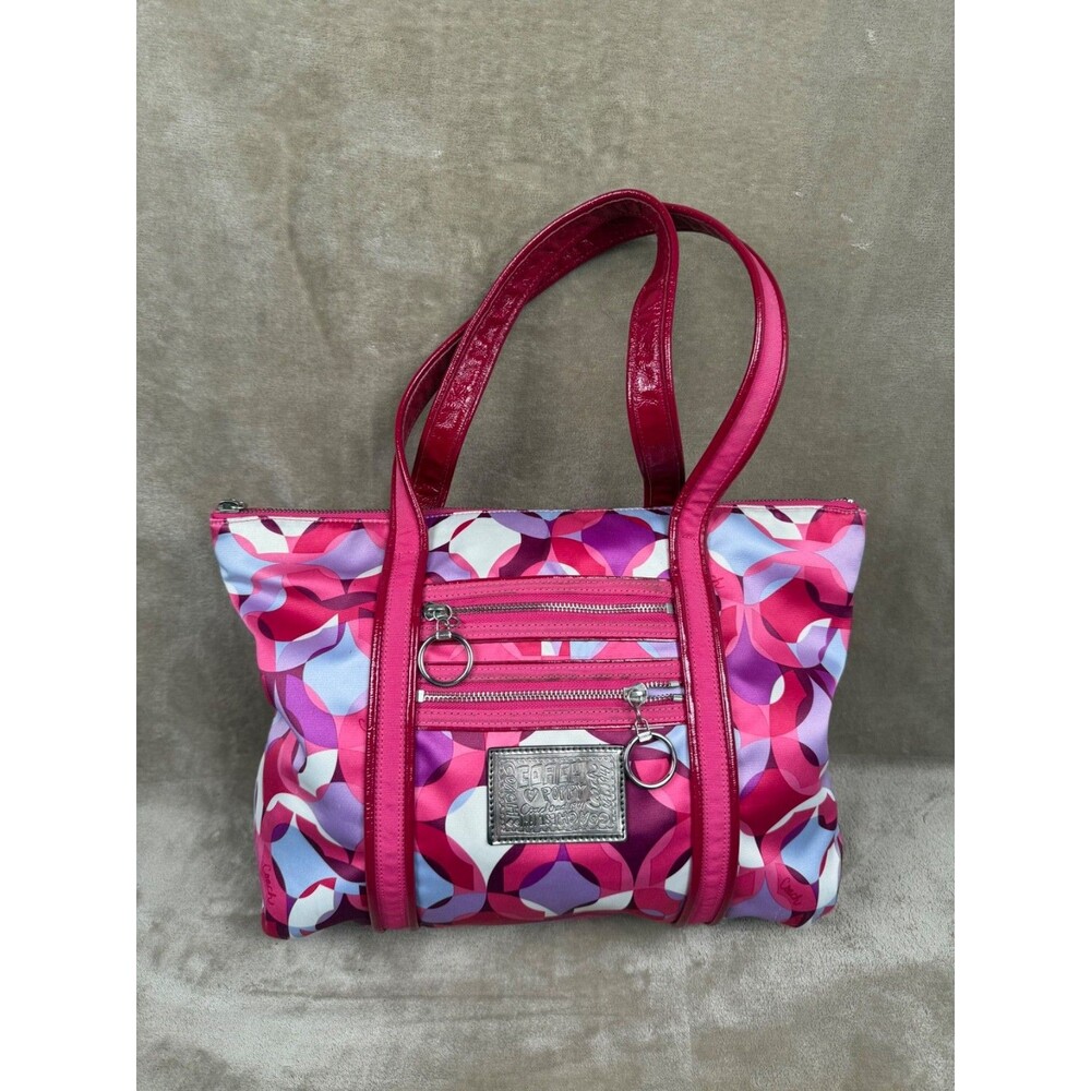 Coach Poppy 12" x 15" large pink purple geometric double strap purse handbag